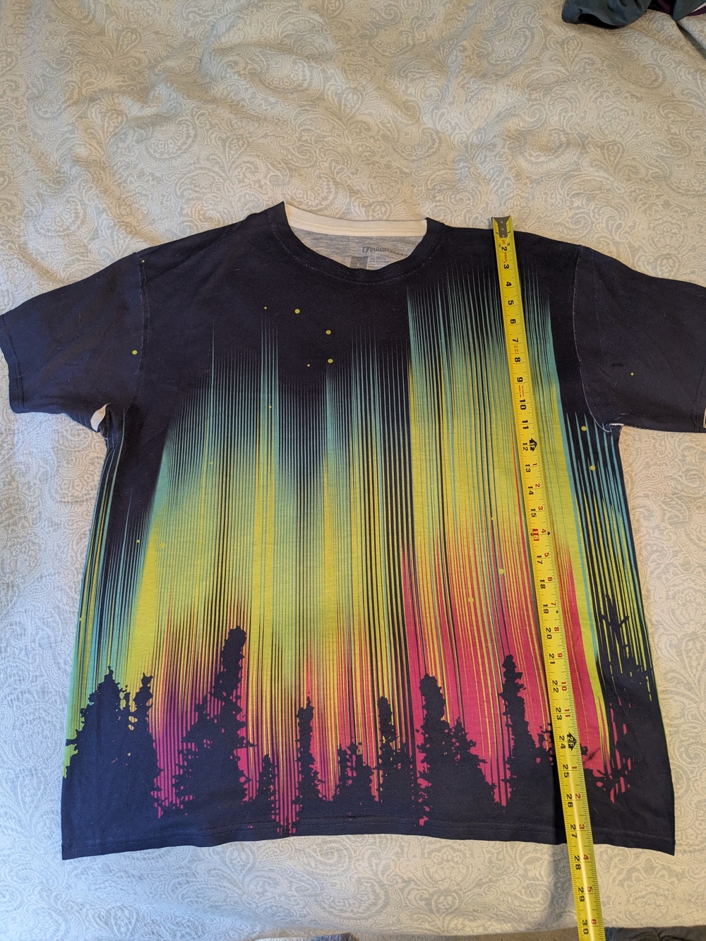 Black Tee with Neon Aurora Forest Graphic